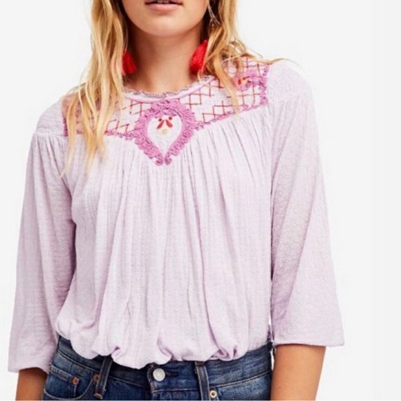 Free People Begonia Embroidered Smocked linen blend Blouse size Medium - Picture 1 of 9